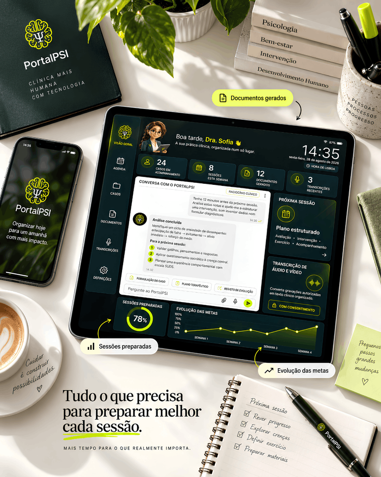 Painel da plataforma PortalPSI em um tablet com análise clínica, agenda de casos e transcrição de áudio